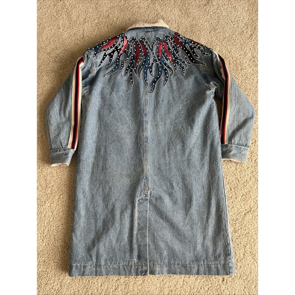 Uooyaa Denim Sherpa Trench Jacket Womens Size Small Flames Jeweled Sequin 160/80 - Picture 4 of 6